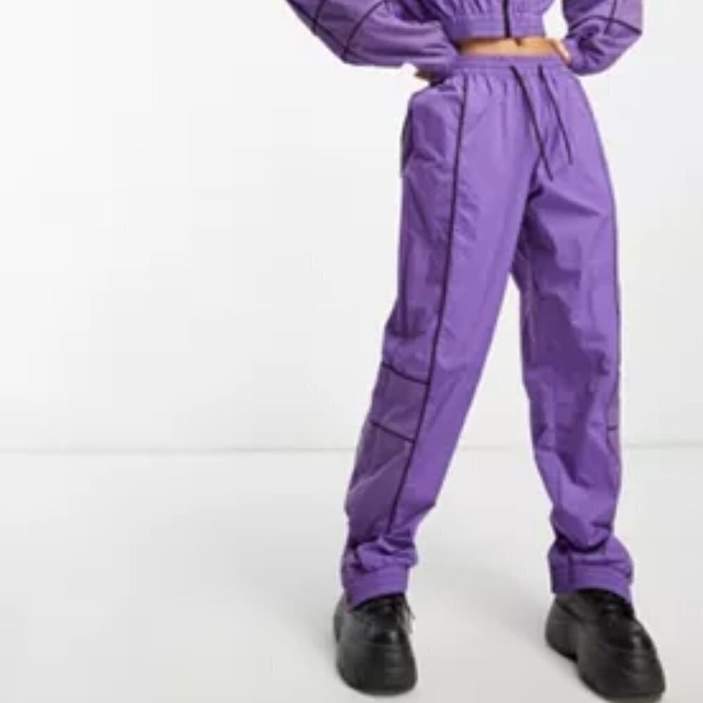 ASOS Parachute Track Pants Nylon Purple Piped Detail Black Retro Cargo 12